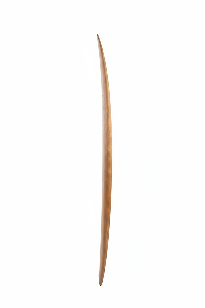 Vista lateral de la tabla de surf ATLANTIC BOARDS Python de madera con acabado elegante y diseño de alto rendimiento.