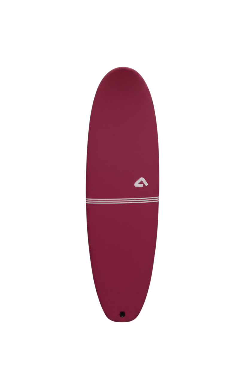 Tabla de surf ATLANTIC BOARDS Ray color burdeos con diseño de líneas blancas, ideal para olas de verano