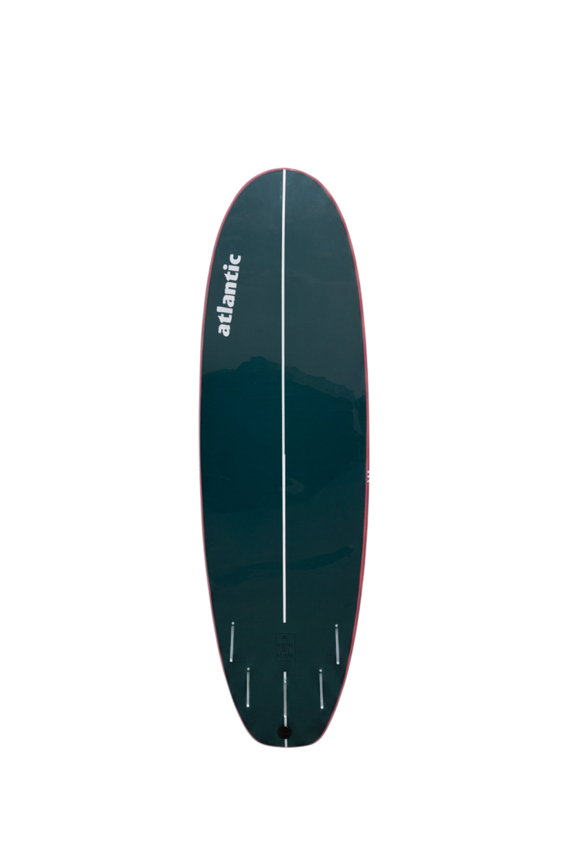 Tabla de surf ATLANTIC BOARDS Ray color verde oscuro con sistema de cinco quillas Future Fins vista superior