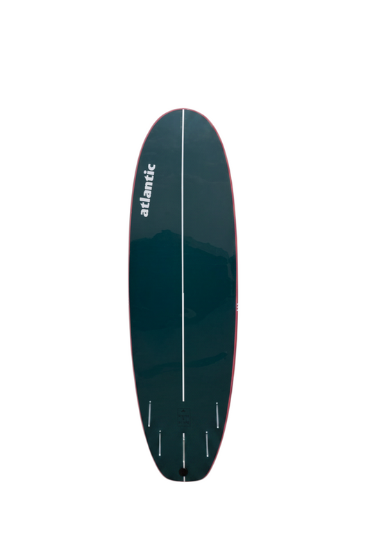 Tabla de surf ATLANTIC BOARDS Ray color verde oscuro con sistema de cinco quillas Future Fins vista superior